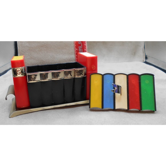 Vintage Bookshelf Salt & Pepper Shaker Set w/Sugar Container Davis Prod. 1950s - Picture 6 of 13